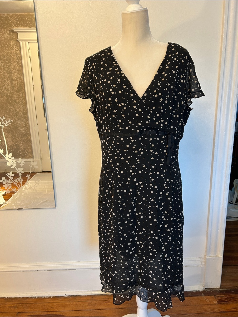 Maggy London Black silk Dress with White Polka Dots